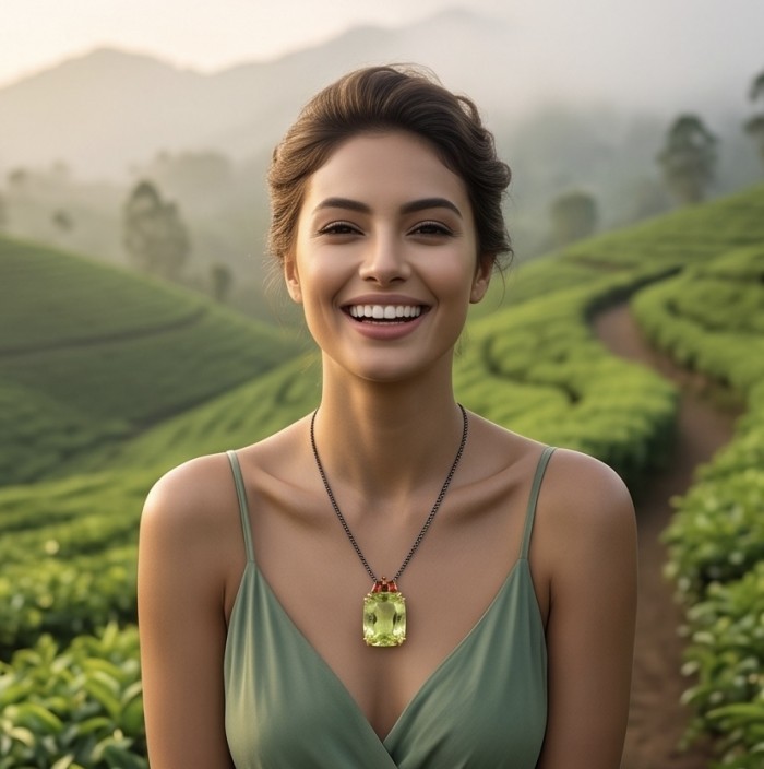 Outstanding 25.2 carat Lemon Quartz black rhodium over .925 Sterling Silver handcrafted Statement necklace - Woman wearing 25.2 carat Lemon Quartz necklace in scenic landscape