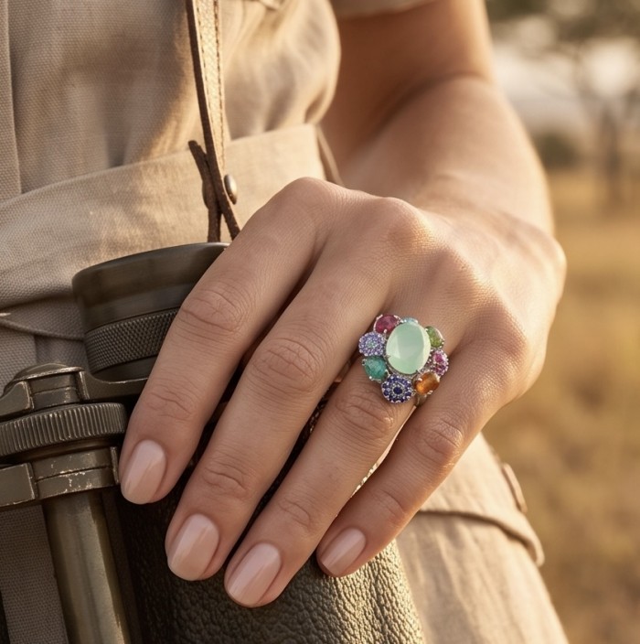 Elizabeth 18.8 carat Colombian Emerald .925 Sterling Silver dipped in Rhodium handcrafted Ring size 9 - Emerald ring worn on hand with binoculars in background