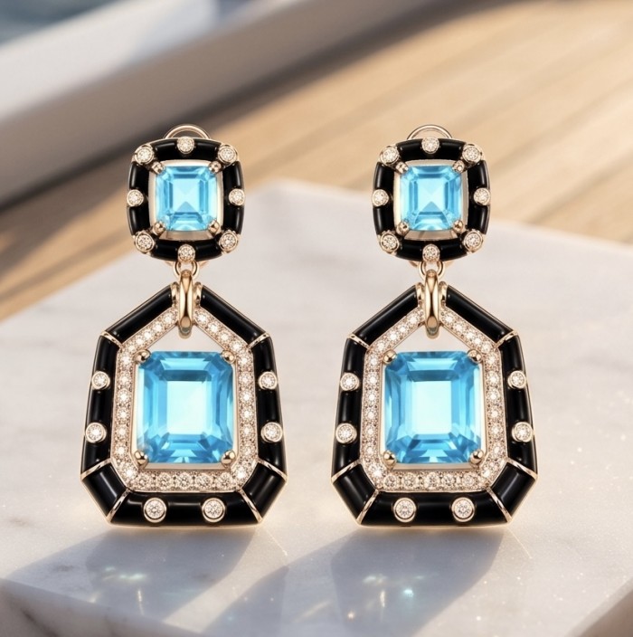 Art deco Magnificent Jewel 8.4 carat SWISS BLUE TOPAZ Black enamel .925 Sterling Silver dipped in RHODIUM handcrafted incredible earrings - Art deco earrings with Swiss blue topaz, marble surface backdrop.