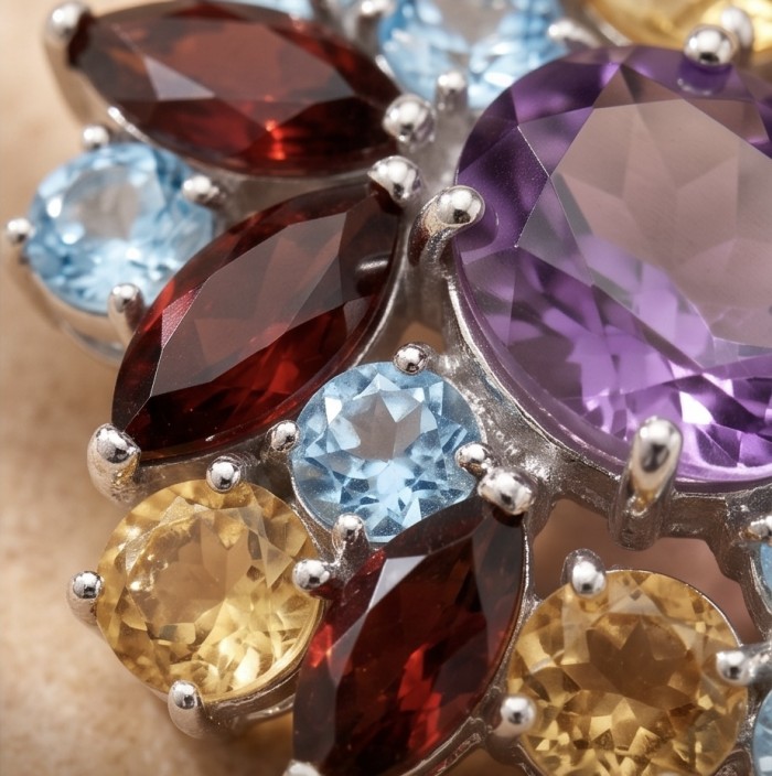 Natural 19.6 carat Fancy cut Amethyst rhodium over .925 Sterling Silver handmade pendant - Close-up of colorful gemstones set in rhodium over sterling silver.