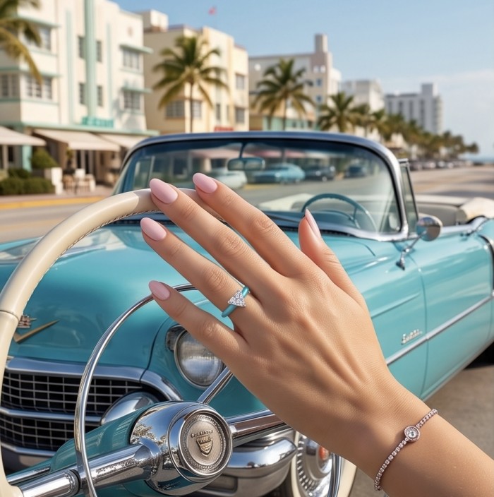 Natural 0.8 carat White Topaz and Enamel .925 Sterling Silver Huge handcrafted Ring s. 8 - Worn on hand, 0.8 carat White Topaz ring with pink nails and vintage car.