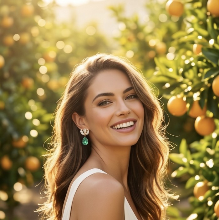 Green Cascade - 8.5 carat Green Topaz 14K Gold over .925 Sterling Silver handmade Statement earrings - Close-up of woman wearing Green Cascade topaz earrings in orchard setting