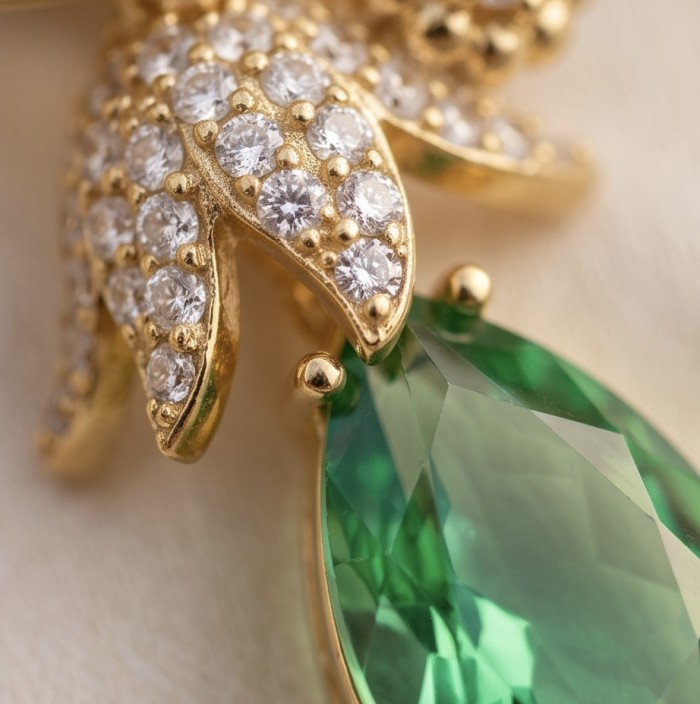 Green Cascade - 12.5 carat Green Topaz 14K Gold over .925 Sterling Silver handmade Statement earrings - Close-up of Green Topaz pendant with gold and diamond accents