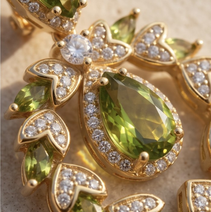 Serenade authentic 12.5 carat Brazilian Green Topaz 18K Gold over .925 Sterling Silver handcrafted Earrings - Close-up of Serenade 12.5 carat Brazilian Green Topaz in 18K Gold.