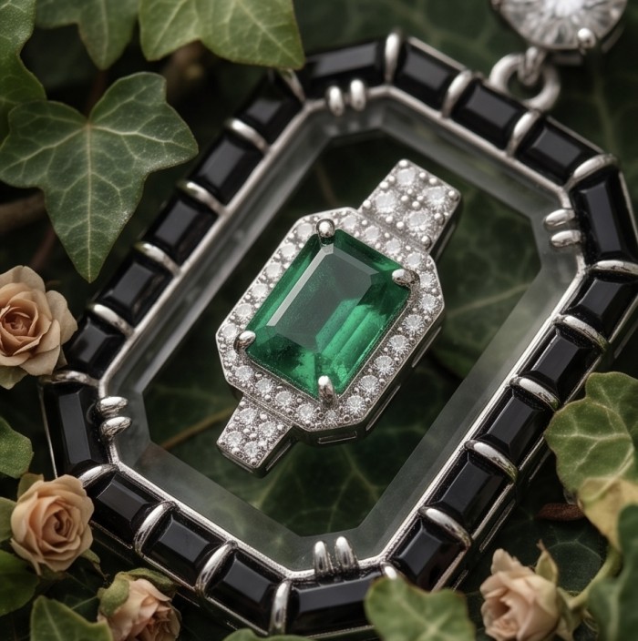 Art Deco - Magnificent Jewel 6.5 carat Colombian Emerald Enamel .925 Sterling Silver dipped in Rhodium handcrafted earrings - Close-up of Art Deco jewel with Colombian emerald and diamond accents