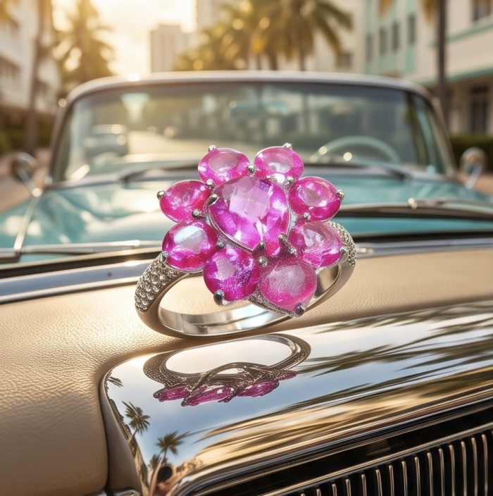 Anastasia 10.8 carat Pink Sapphire .925 Sterling Silver dipped in Rhodium Handcrafted Statement Ring size 7 - Pink sapphire ring close-up on a vintage dashboard.