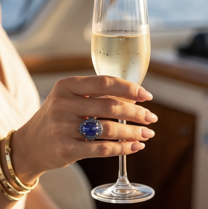 The Star of Kilimanjaro oval cut 22.6 carat Tanzanite 22K Gold over .925 Sterling Silver handmade Statement ring size 7 - Star Sapphire ring worn on hand holding a champagne glass
