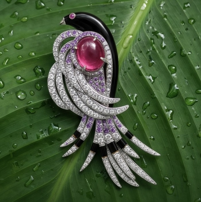 Phoenix Natural 14.8 carat Ruby Rhodium over .925 Sterling Silver handcrafted Brooch - Phoenix brooch on leaf, showcasing 14.8 carat ruby and diamond details