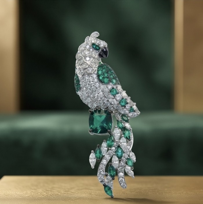 Exotic Parrot - 7.8 carat Emerald 2.9 carat pave Moissanite rhodium over .925 Sterling Silver rhodium over handcrafted Brooch - Side view of exotic parrot brooch with emerald and moissan pave