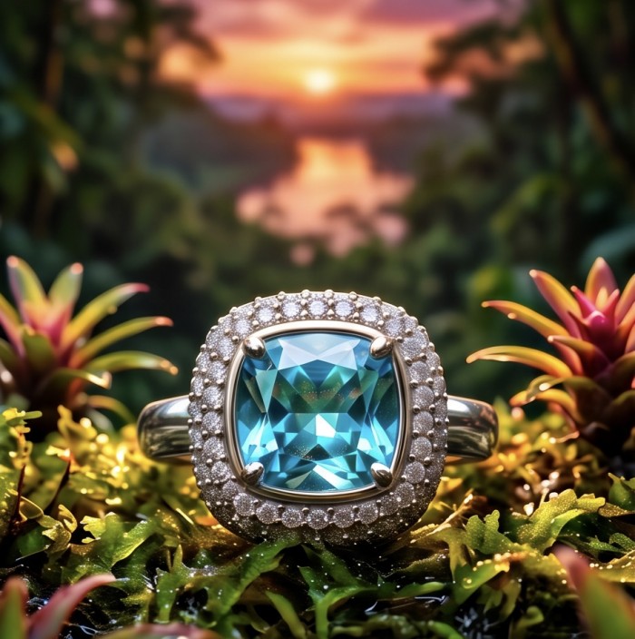 Aqua 10.5 carat Swiss Blue Topaz rhodium over .925 Sterling Silver handcrafted ring size 8 - Close-up of Swiss Blue Topaz ring with diamond accents, sunset backdrop.