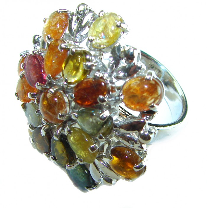 Luxurious 30.5 ctw Brazilian Watermelon Tourmaline .925 Sterling Silver handcrafted Statement Ring size 8 - Close-up of colorful gemstone ring with silver setting.