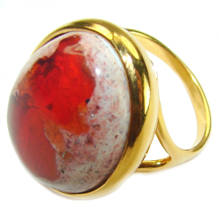 Inner Fire best quality 25.4 carat Mexican Opal 18K Gold over .925 Sterling Silver handmade ring 8 1/4 - Gold ring with close-up of 25.4 carat Mexican opal stone