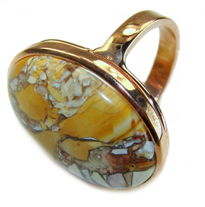 Flawless Australian Bracciated Mookaite 14K Gold over .925 Sterling Silver Ring size 8 adjustable - Side view of Flawless Australian Brecciated Mookaite ring in 14K gold.