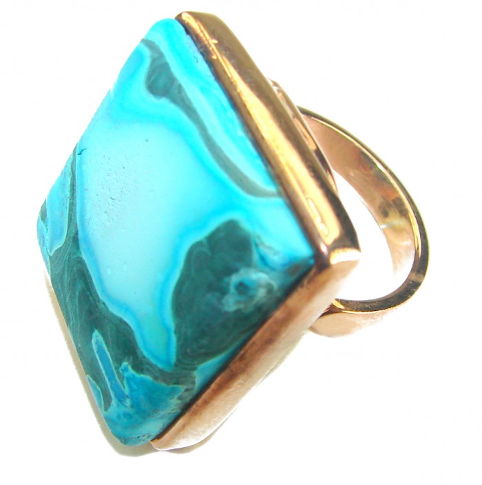 Authentic Parrot's Wing Chrysocolla 18K Gold over .925 Sterling Silver handcrafted ring size 8 - Close-up of Parrot's Wing Chrysocolla ring in 18K gold over sterling silver
