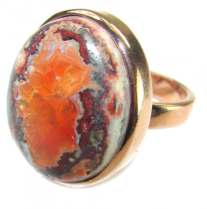Lava best quality 19.4 carat Mexican Opal 18K Rose Gold over .925 Sterling Silver handmade ring 7 adjustable - Close-up of 19.4 carat Mexican Opal in 18K Rose Gold setting.