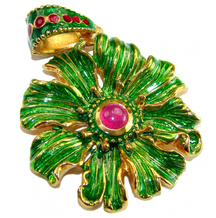 Countless Blessings Genuine 0.5 carat Authentic Ruby enamel 18K Gold over .925 Sterling Silver handmade Pendant - Green and gold floral pendant with a central ruby, top view.