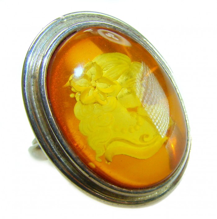 Beautiful Authentic carved Cameo Baltic Amber .925 Sterling Silver handcrafted ring; s. 8 - Carved cameo Baltic amber ring in .925 sterling, side view.