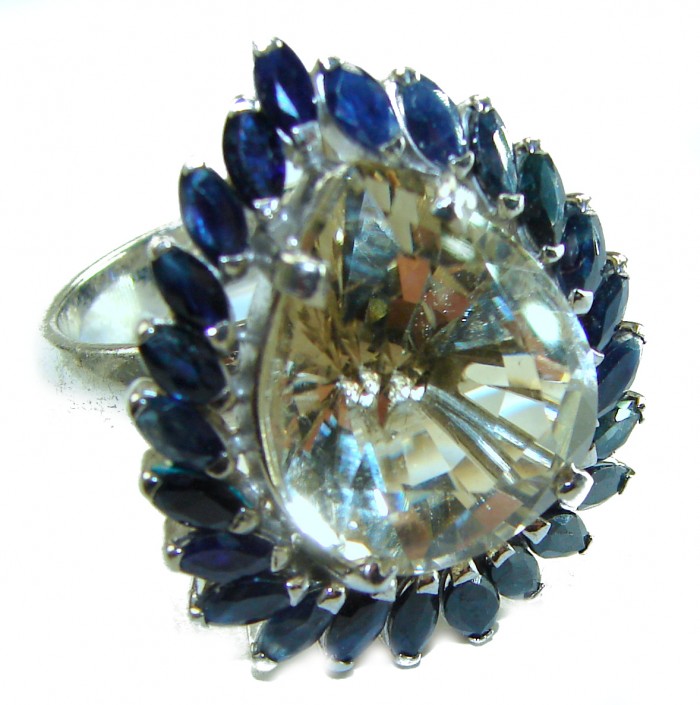 Golden Royalty 22.5 carat Citrine Sapphire .925 Sterling Silver Handcrafted Huge Ring size 8 - Close-up of Golden Royalty citrine and sapphire ring, front view.