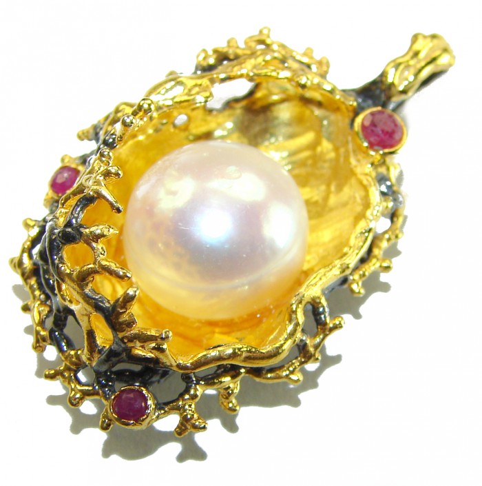 Precious genuine Pearl 14k Gold over .925 Sterling Silver handmade Pendant - Close-up of pearl pendant with gold and silver details.