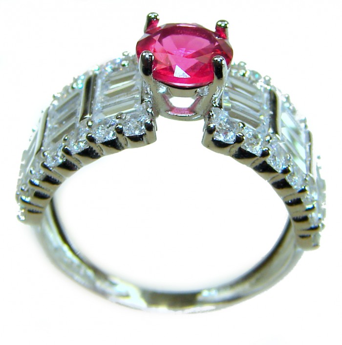 Authentic 3.5 carat Pink Tourmaline .925 Sterling Silver handcrafted Statement ring size 6 - Side view of pink tourmaline ring with diamond accents.