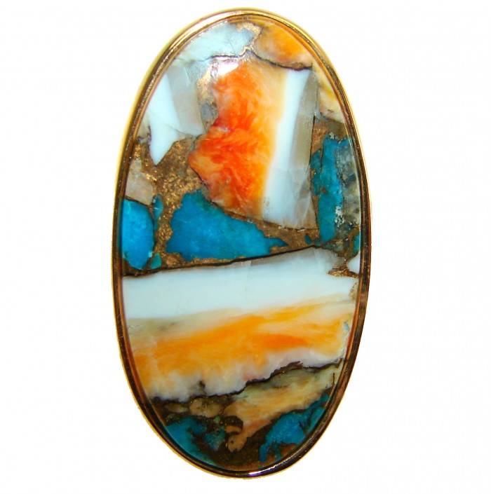 Rare 29.5 carat Oyster Turquoise 18K Gold over .925 Sterling Silver handcrafted Large ring; s. 6 adjustable - Close-up of rare 29.5 ct Oyster Turquoise in 18K Gold over .925 Silver