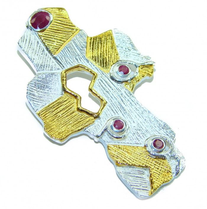 Holy Cross 1.2 carat Ruby 14K Gold over .925 Sterling Silver Pendant - Holy Cross pendant, angled view, ruby stones with gold and silver detailing.