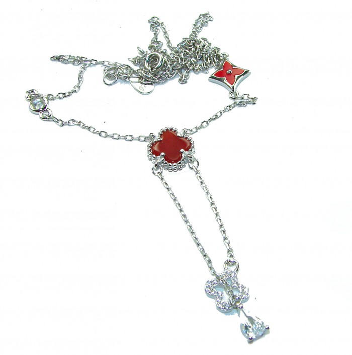Outstanding 20 inches long Carnelian Lucky Four Leaf Clover .925 Sterling Silver necklace - Carnelian four leaf clover necklace detail view.