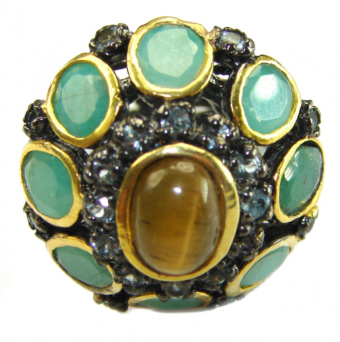 Serenity 12.5 carat Golden Calcite Emerald black Rhodium over .925 Sterling Silver Ring s. 6 - Close-up of Serenity ring with calcite and emerald stones.