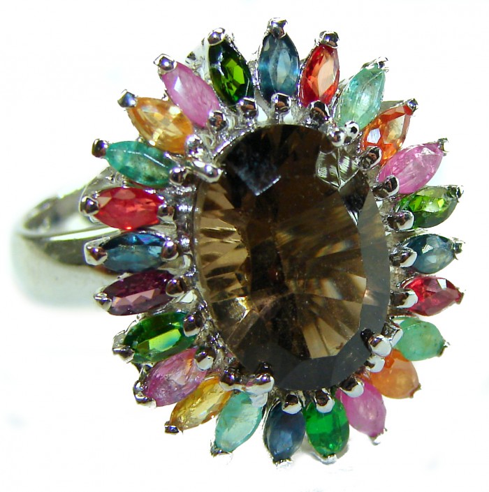 Serenity 10.5 carat Champagne Smoky Topaz .925 Sterling Silver HUGE Ring size 8 1/2 - Colorful gemstone ring with oval center stone, top-down view