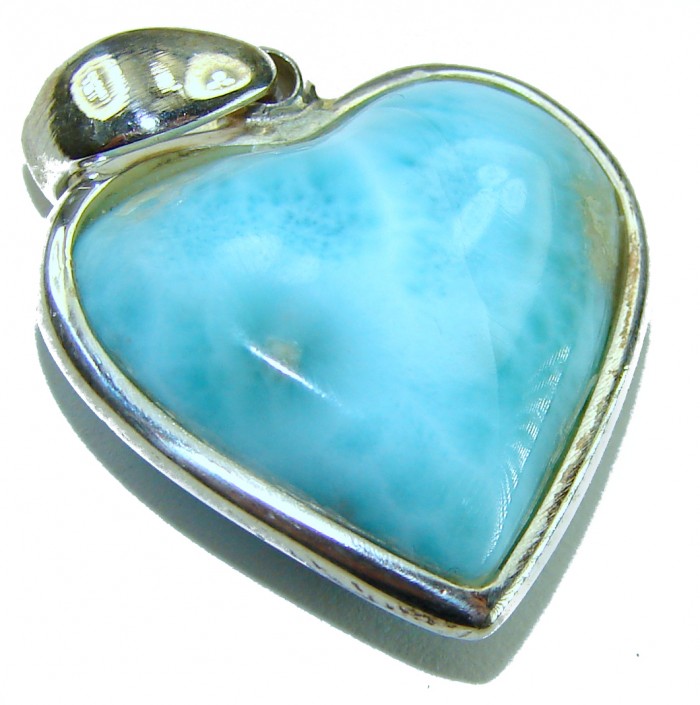 Angel's Heart amazing quality Larimar .925 Sterling Silver handmade pendant - Heart-shaped Larimar pendant in .925 silver, close-up view.
