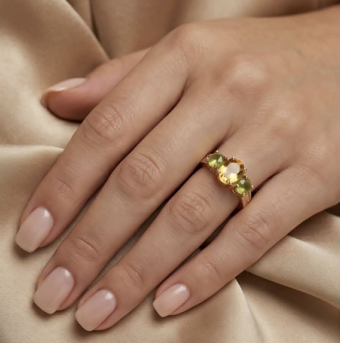 Vivien - Natural 4.7 carat Citrine .925 Sterling Silver dipped in 18K Gold handmade ring size 5 1/2 - Vivien Citrine ring worn on hand, showcasing stones and setting.