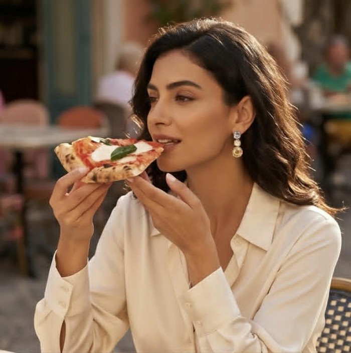 Fiesta Authentic 12.5 carat Multigem .925 Sterling Silver dipped in 18K Gold over brilliantly handcrafted earrings - Woman wearing Fiesta earrings while eating pizza, side view