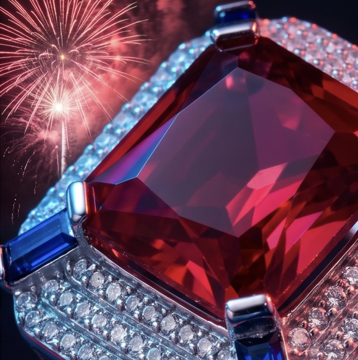 Art Deco 16.6 ctw Ruby .925 Sterling Silver handcrafted Statement Ring size 8 1/4 - Close-up of Art Deco ruby ring with fireworks in background