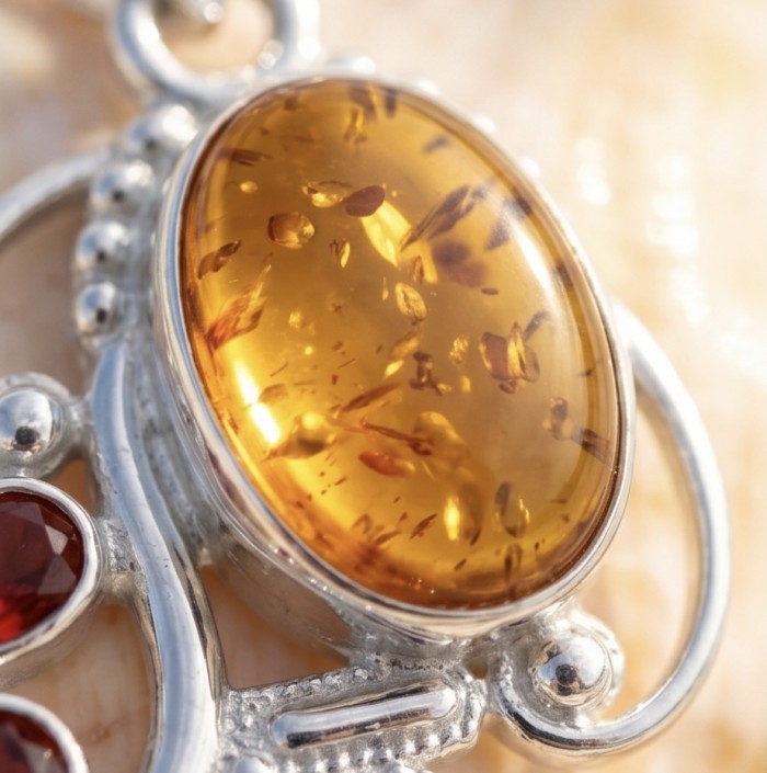 Sea Treasure Prehistoric Authentic Golden Baltic Amber .925 Sterling Silver beautifully handcrafted Pendant - Close-up of Sea Treasure Baltic Amber pendant with silver accents