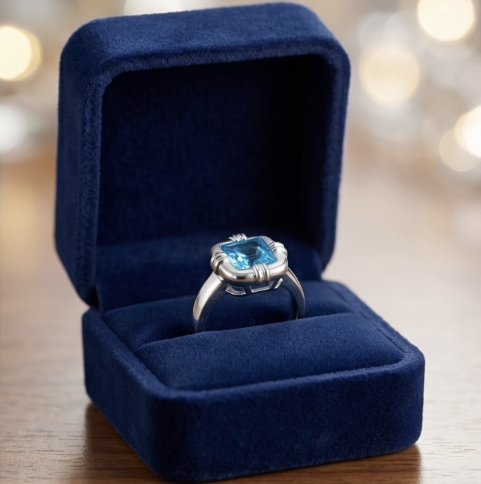8.5 carat authentic Swiss Blue Topaz .925 Sterling Silver dipped in rhodium handmade Statement Ring size 8 1/4 - Swiss Blue Topaz ring in box, front view showcasing the stone and setting.