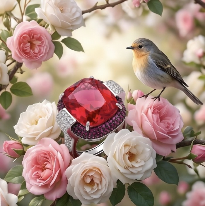 Art Deco 18.6 ctw Red Topaz 4.2 carat pave Ruby .925 Sterling Silver handcrafted Statement Ring size 7 adjustable - Red topaz ring with bird on roses, close-up view.