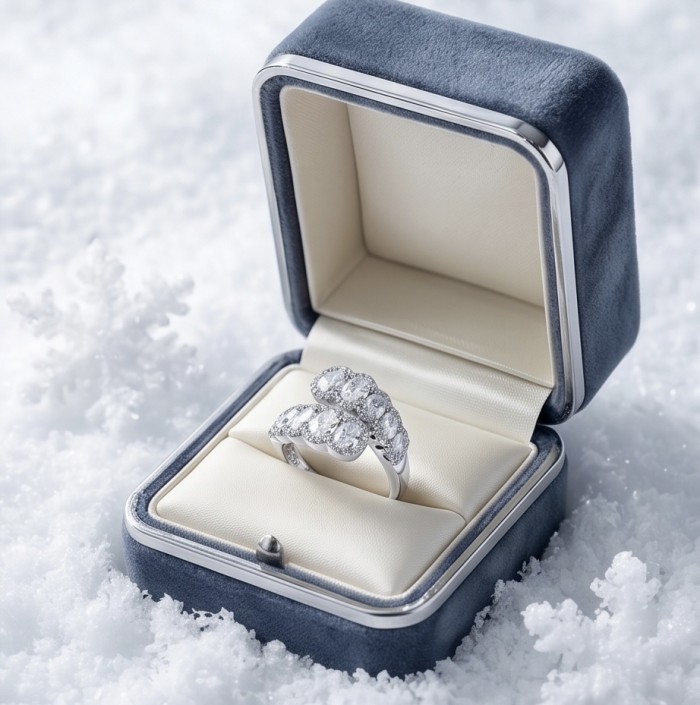 Precious 8.5 carta White Topaz rhodium over .925 Sterling Silver Statement ring size 8 1/2 - Ring in box on snow, angled view of Precious 8.5 carta White Topaz ring