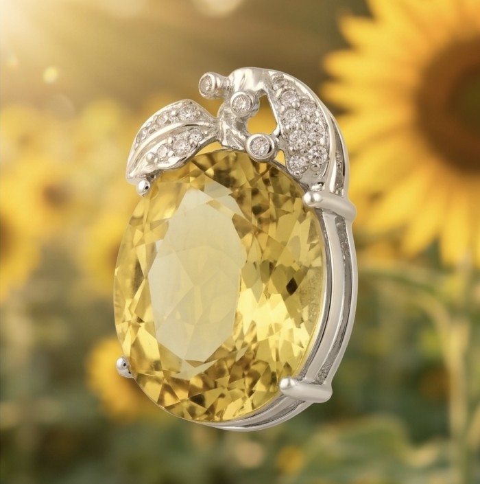 Golden Apple 24.5 carat Brazilian Citrine .925 Sterling Silver dipped in black Rhodium handmade Pendant - Close-up of Golden Apple 24.5 carat Brazilian Citrine on sterling silver.