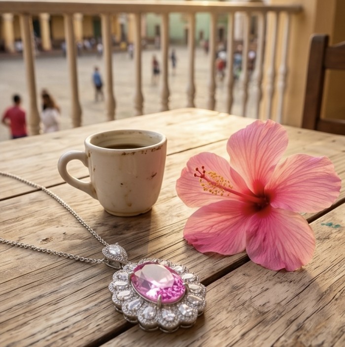 Beatriz Incredible oval cut 20.4 carat Pink Sapphire .925 Sterling Silver handcrafted pendant - Pink sapphire necklace with coffee and hibiscus on rustic table