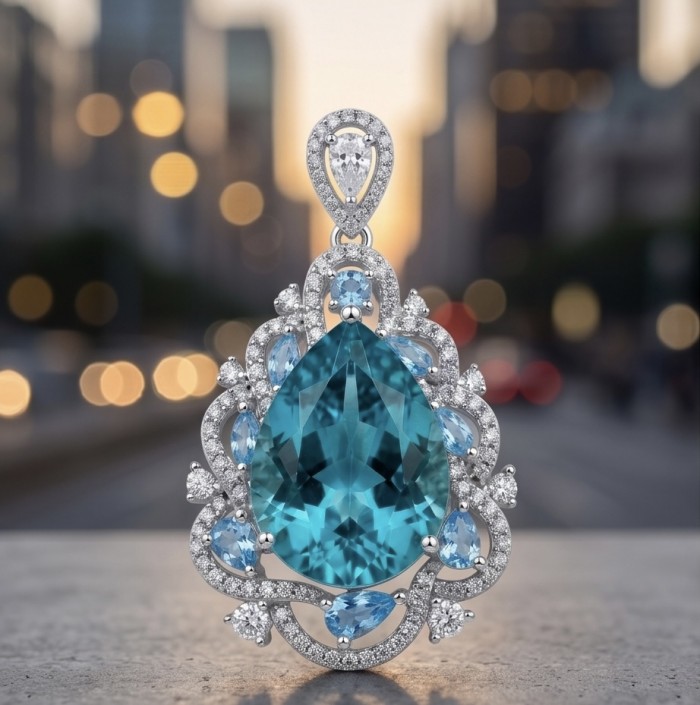 Atlantica - amazing quality pearl cut 14.5 CARAT genuine Swiss Blue Topaz rhodium over .925 Sterling Silver handmade pendant - Close-up of Atlantica pendant with pearl-cut blue gemstone.