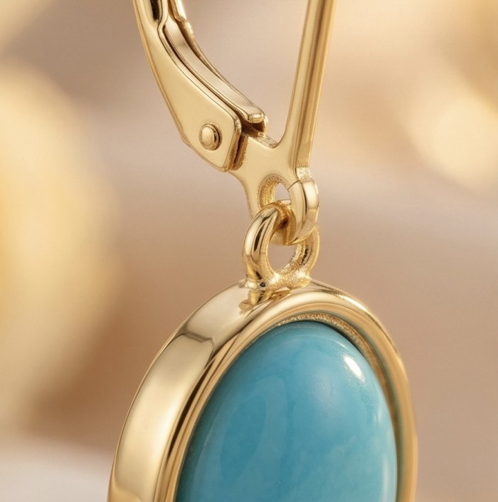 Great authentic Sleeping Beauty Turquoise 18K Gold over .925 Sterling Silver handcrafted Earrings - Close-up of turquoise stone in 18K gold setting with clasp detail