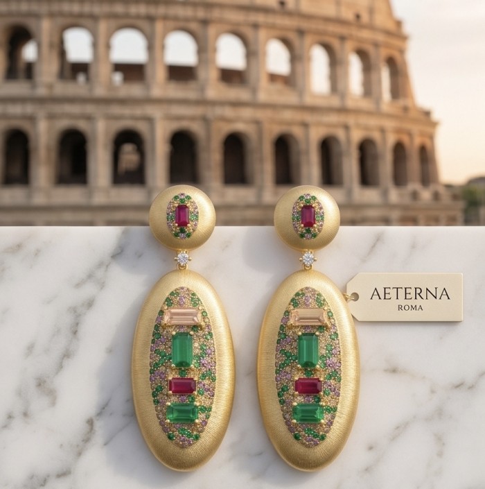 Byzantine design Authentic 8.2 carat Topaz 18K Gold over .925 Sterling Silver handcrafted Statement earrings - Byzantine earrings with topaz, gold, and gems, Colosseum backdrop.