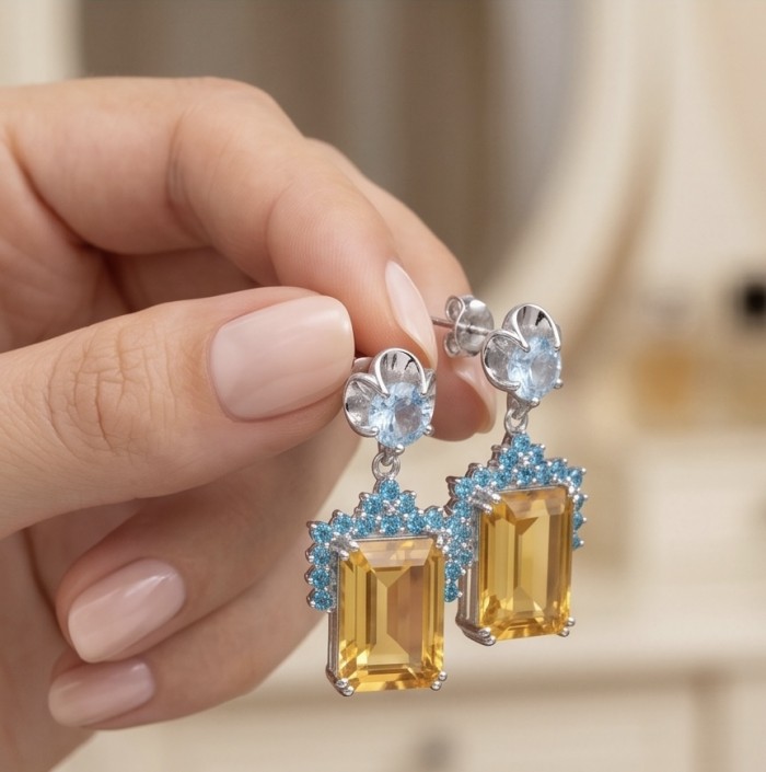 Summer Time 17.8 carat Lemon Quartz rhodium over .925 Sterling Silver handcrafted Statement Earrings - Hand holding Summer Time 17.8 ct lemon quartz earrings, close-up view.