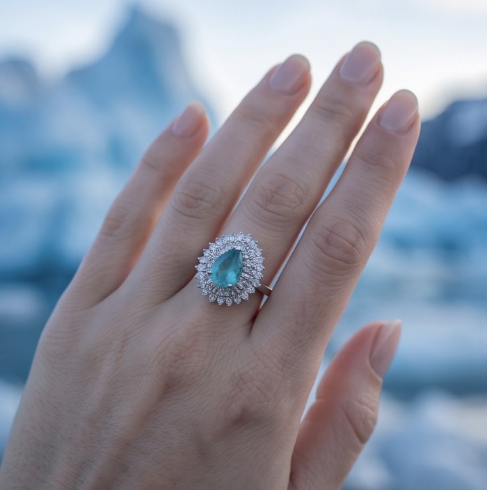 Esperanza - Luxurious pear cut 6.7 carat Emerald rhodium over .925 Sterling Silver handcrafted Ring s. 7 1/4 - Emerald ring on hand with icy background, pear cut, 6.7 carat.