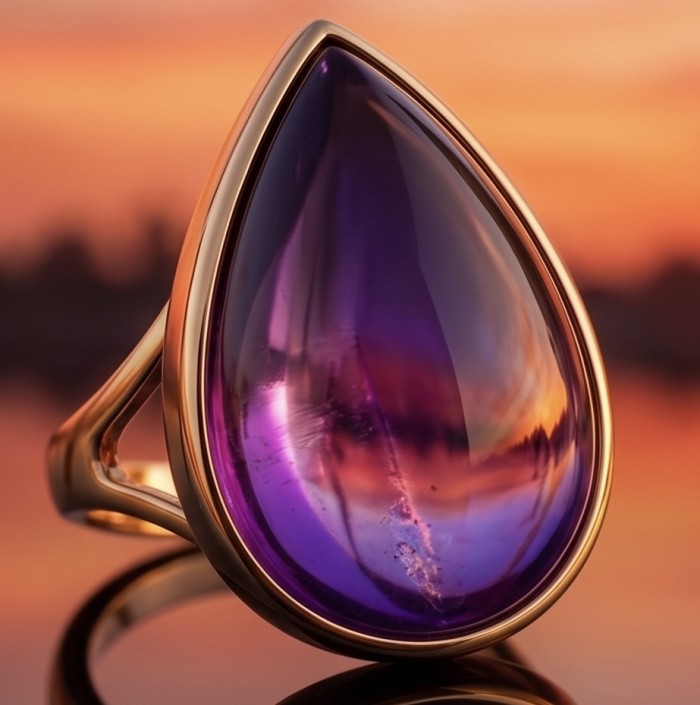 Top quality 23.5 carat Amethyst .925 Sterling Silver dipped in 18K Gold Handcrafted Large Ring size 8 - Close-up of 23.5 carat amethyst ring in sunset light.