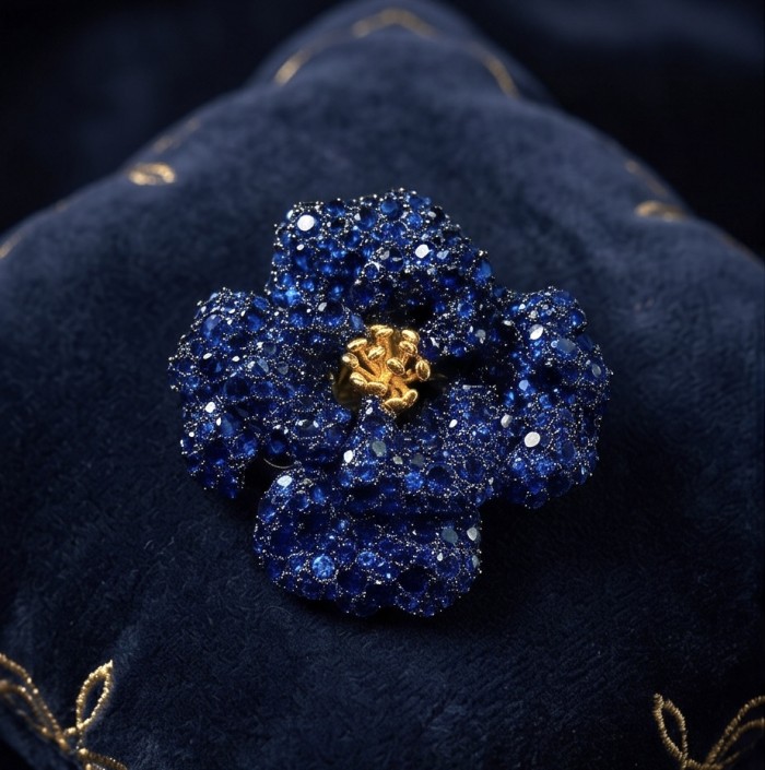 Black Label Collection - Retro Style - Rose Genuine 42.5 carat Sapphire .925 Sterling Silver dipped in black rhodium handmade Pendant - Brooch - Close-up of blue sapphire flower brooch with gold accents on velvet.