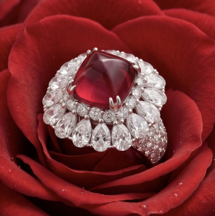 Elizabeth fancy cut 4.8 carat Mozambique Ruby 8.3 carat Moissanite .925 Sterling Silver dipped in Rhodium handcrafted Ring size 8 1/4 - Close-up of ruby ring with diamonds nestled in red rose petals.
