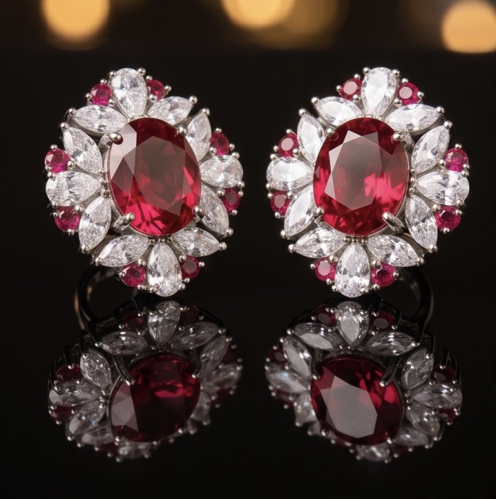Precious - 10.2 carat Mozambique Ruby .925 Sterling Silver handmade earrings - Close-up of ruby and diamond earrings, front view.