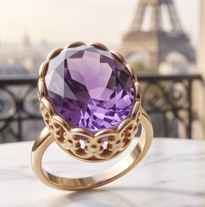 Lavender Love 15.5 carat natural Amethyst 18K Gold over .925 Sterling Silver Handcrafted Ring size 8 - Amethyst ring close-up with Eiffel Tower in background.