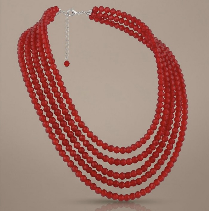 Talisman to banish fear and inspire action - Natural Carnelian Agate .925 Sterling Silver Necklace - Red beaded necklace with multiple strands, front view